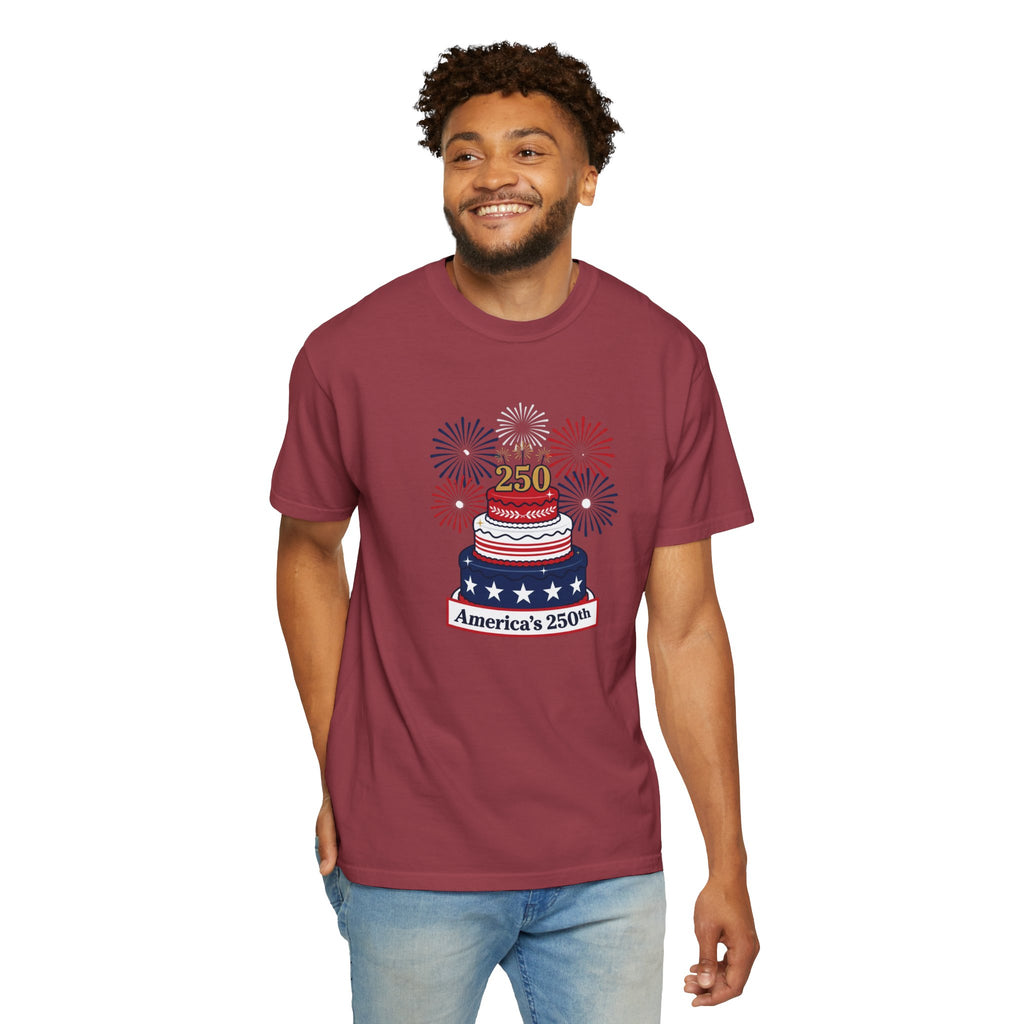 America's 250th Celebration T-Shirt — Patriotic USA Birthday Cake & Fireworks Tee