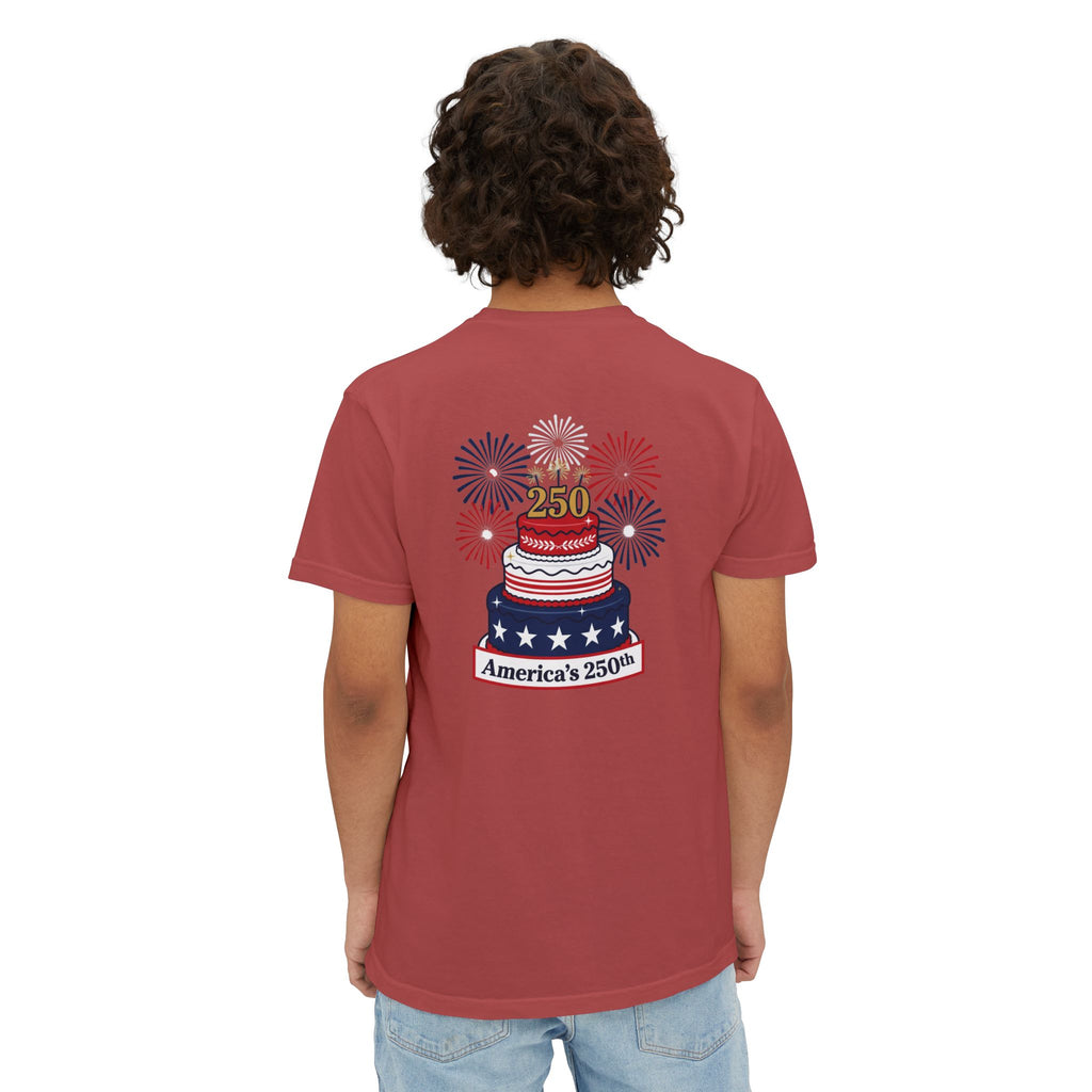 America's 250th Birthday Cake Pocket T-Shirt | 250th Anniversary Patriotic Fireworks Design