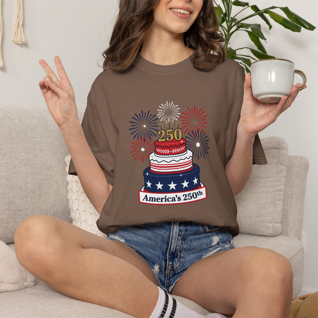 America's 250th Celebration T-Shirt — Patriotic USA Birthday Cake & Fireworks Tee