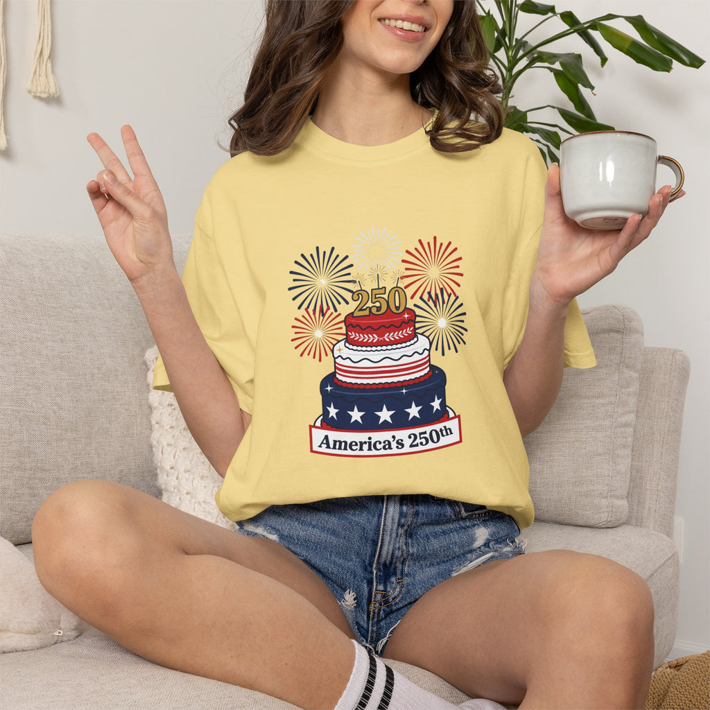 America's 250th Celebration T-Shirt — Patriotic USA Birthday Cake & Fireworks Tee