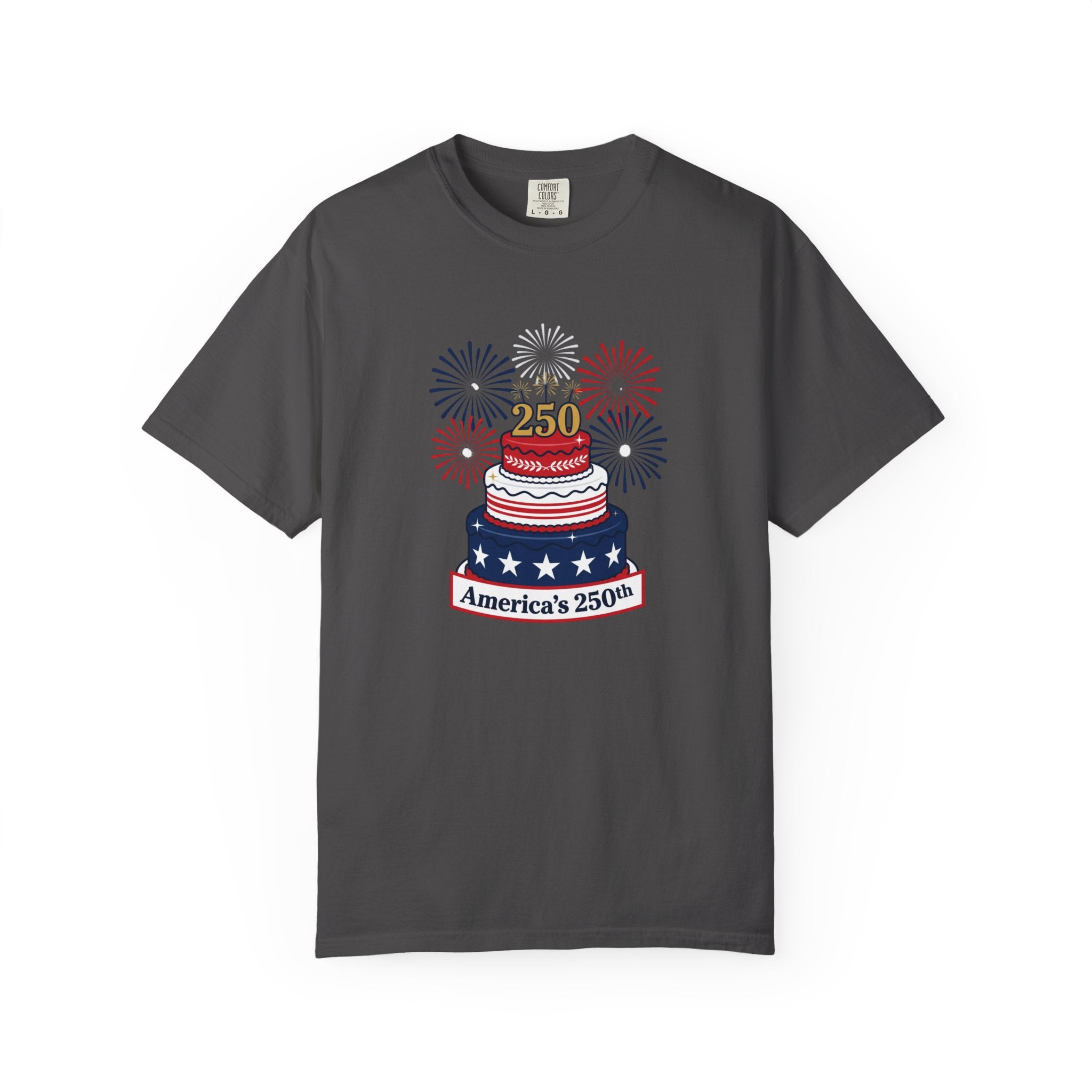 America's 250th Celebration T-Shirt — Patriotic USA Birthday Cake & Fireworks Tee
