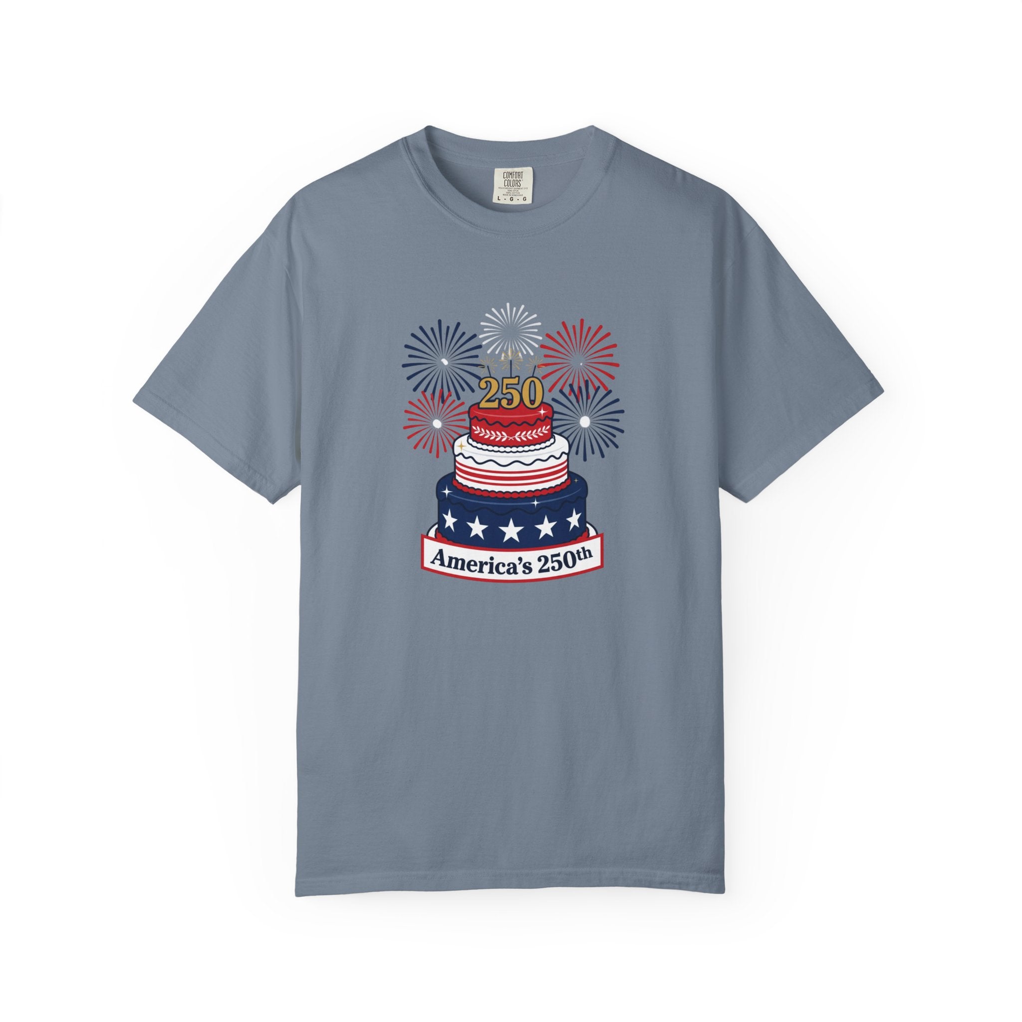 America's 250th Celebration T-Shirt — Patriotic USA Birthday Cake & Fireworks Tee