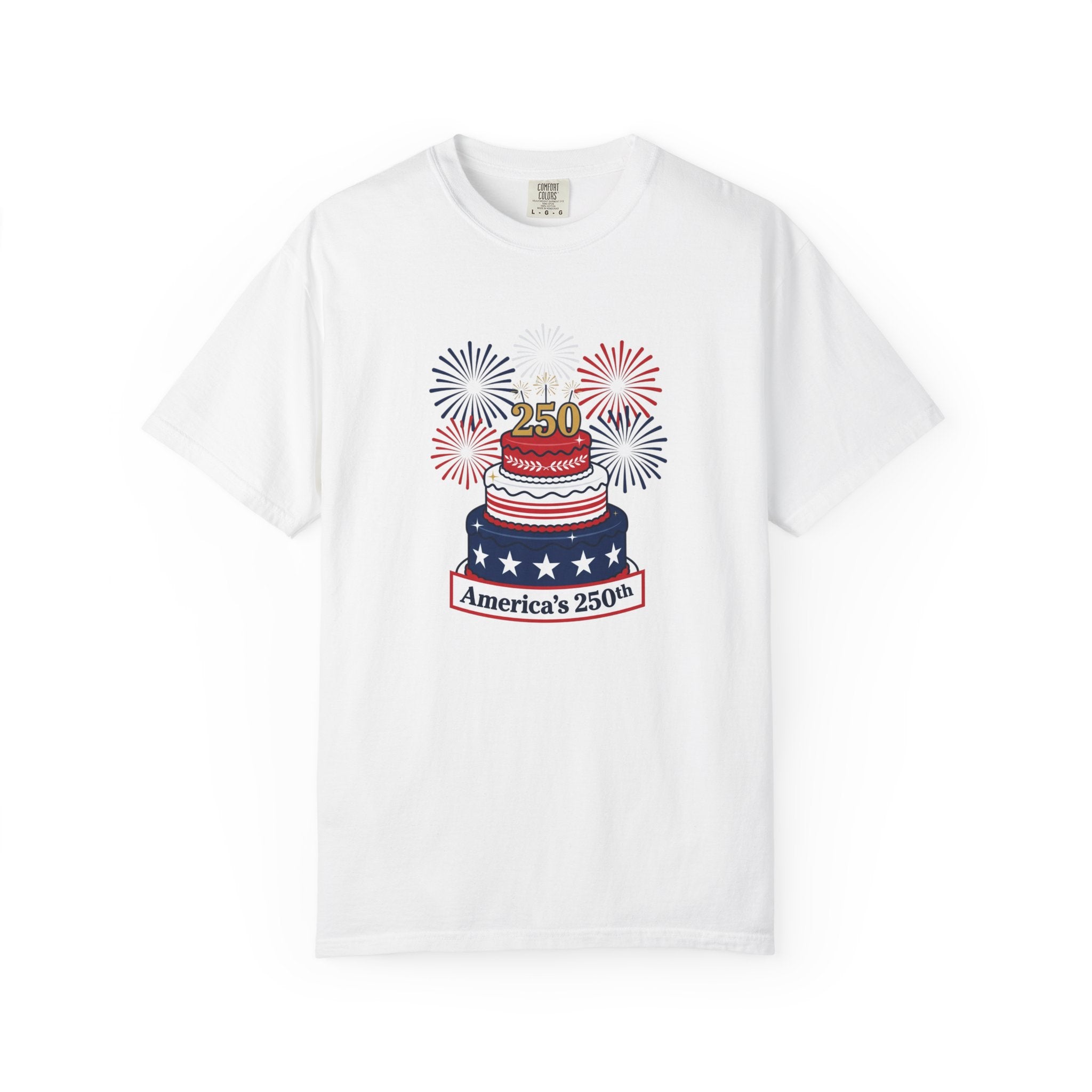 America's 250th Celebration T-Shirt — Patriotic USA Birthday Cake & Fireworks Tee