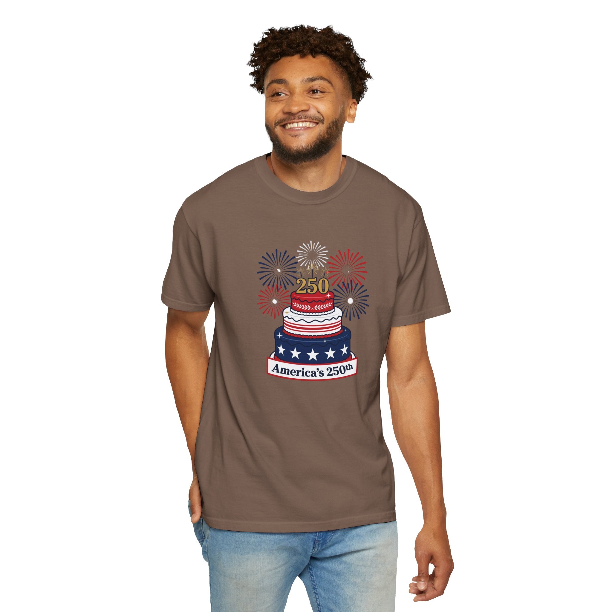 America's 250th Celebration T-Shirt — Patriotic USA Birthday Cake & Fireworks Tee