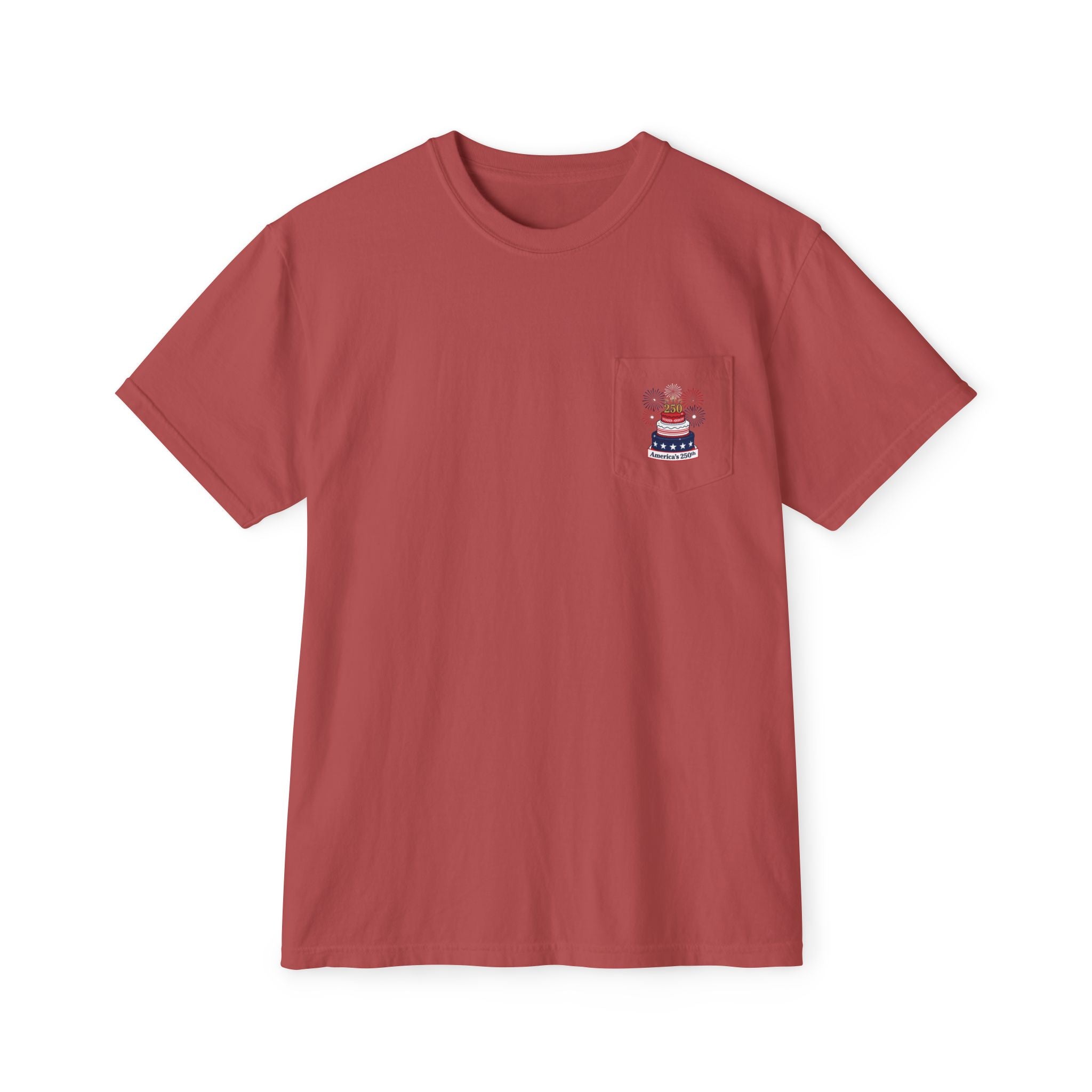 America's 250th Birthday Cake Pocket T-Shirt | 250th Anniversary Patriotic Fireworks Design