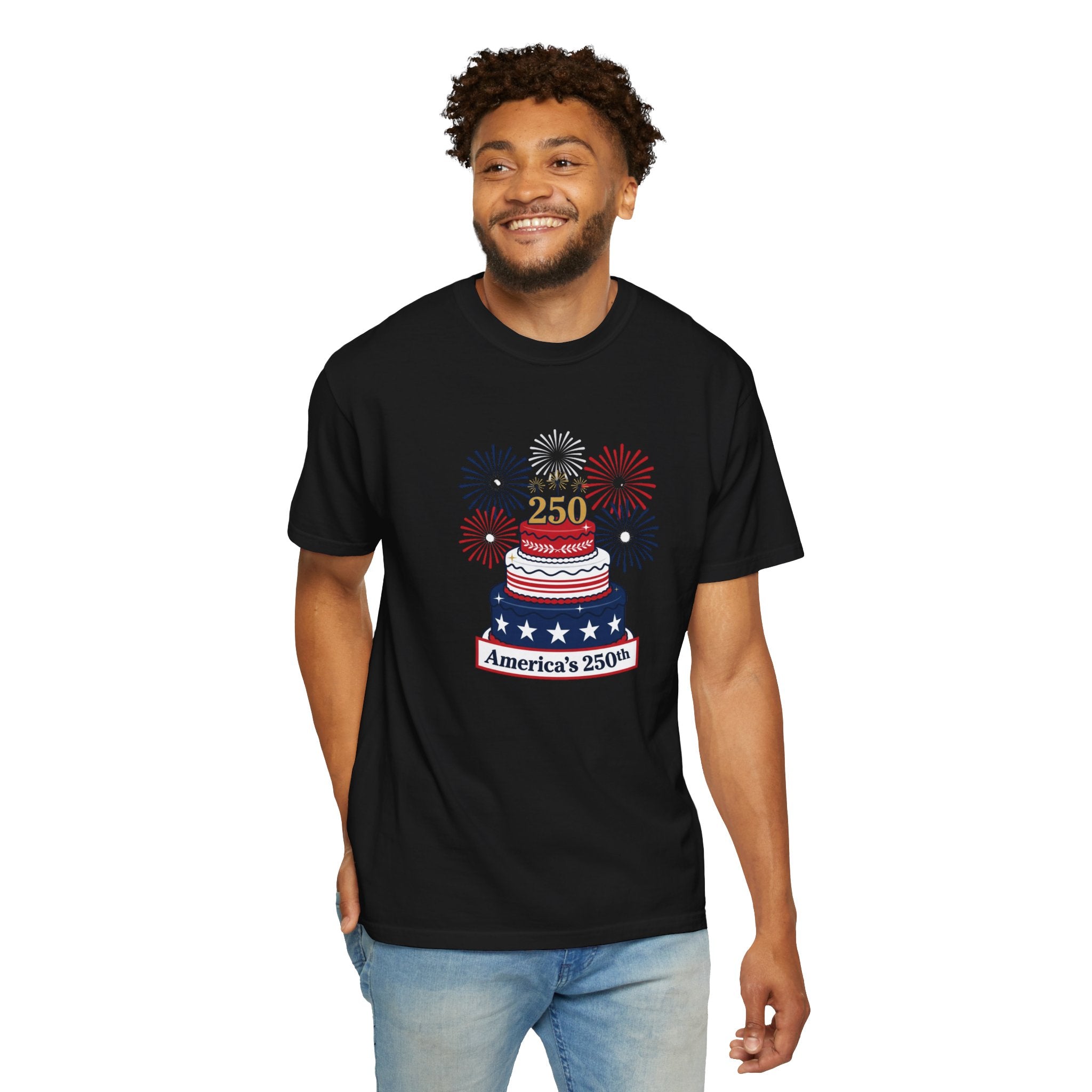 America's 250th Celebration T-Shirt — Patriotic USA Birthday Cake & Fireworks Tee