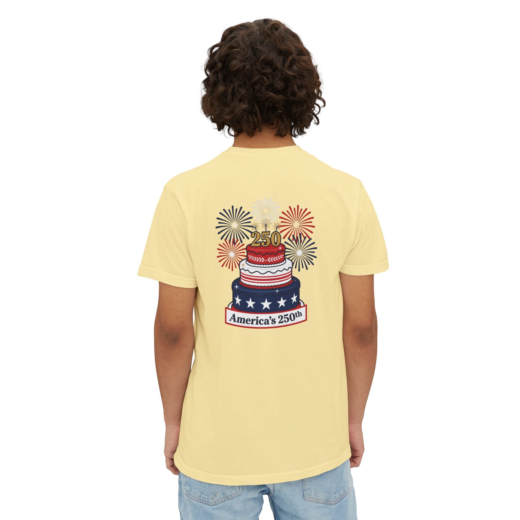 America's 250th Birthday Cake Pocket T-Shirt | 250th Anniversary Patriotic Fireworks Design