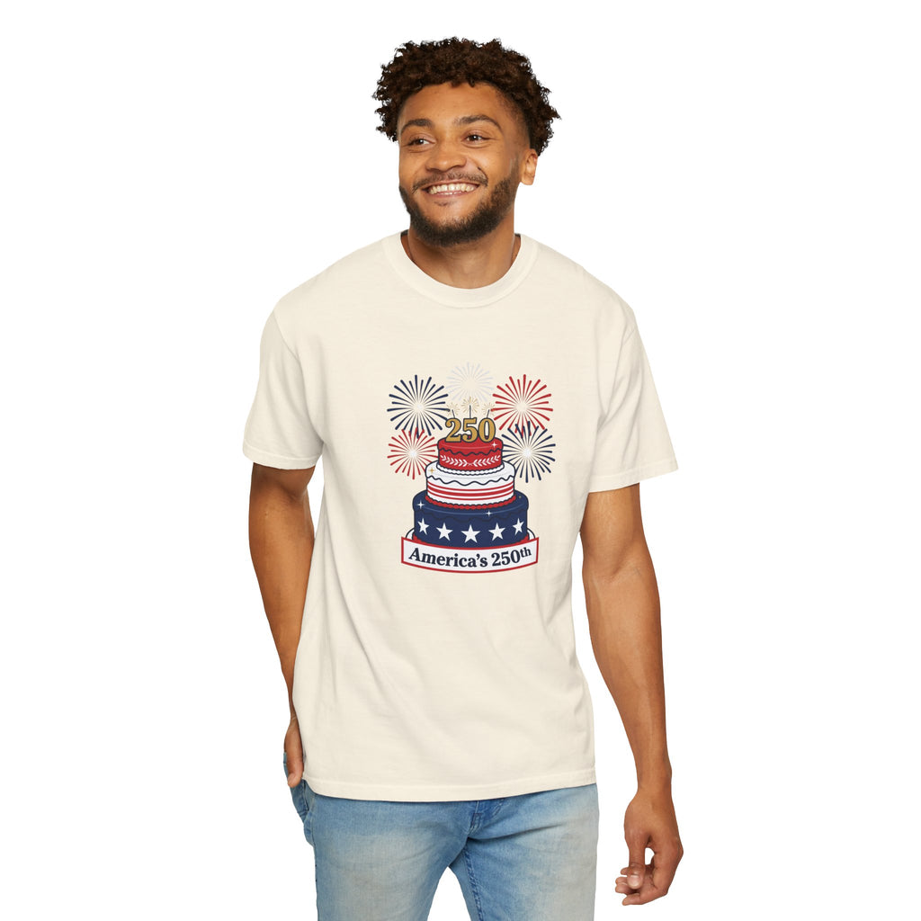 America's 250th Celebration T-Shirt — Patriotic USA Birthday Cake & Fireworks Tee