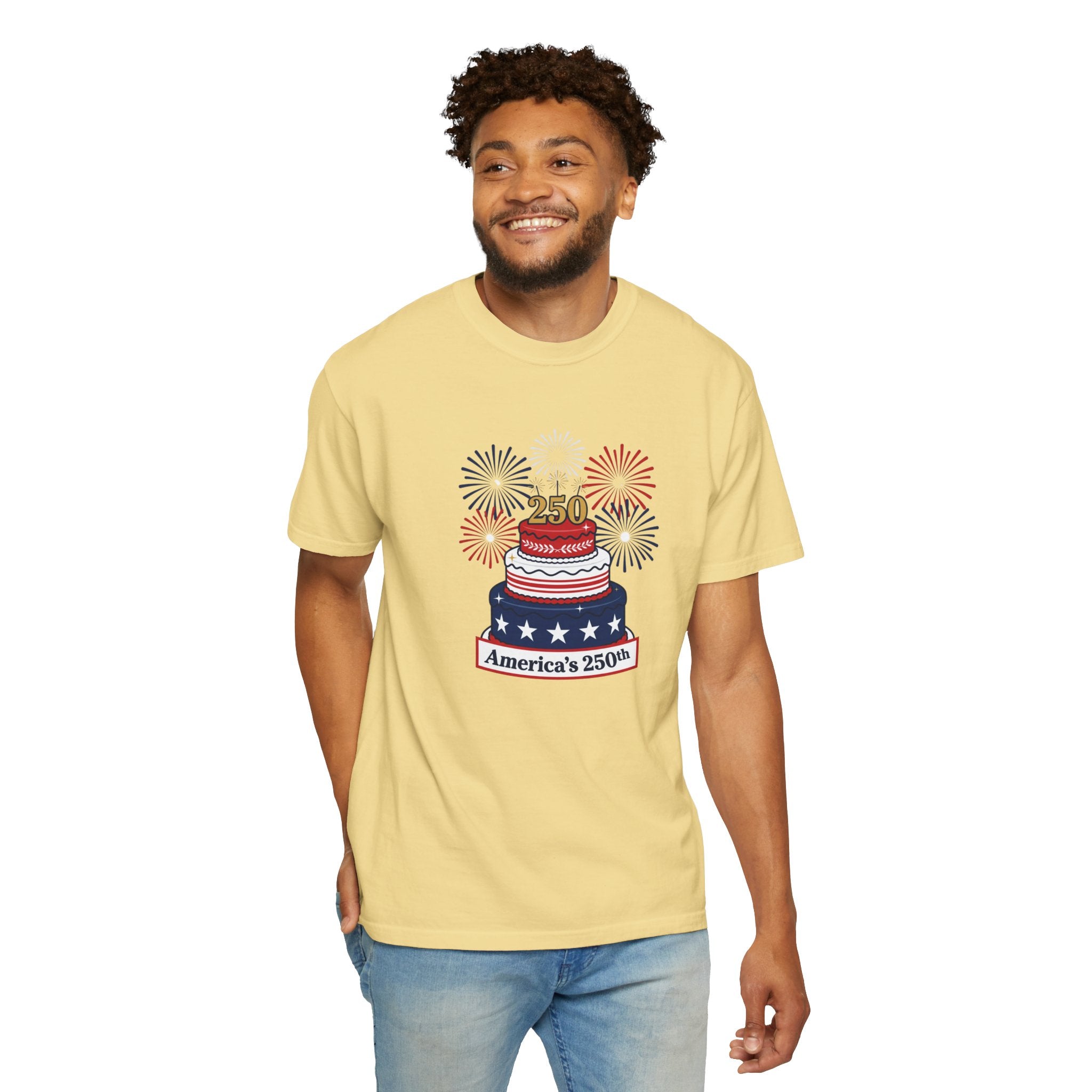 America's 250th Celebration T-Shirt — Patriotic USA Birthday Cake & Fireworks Tee
