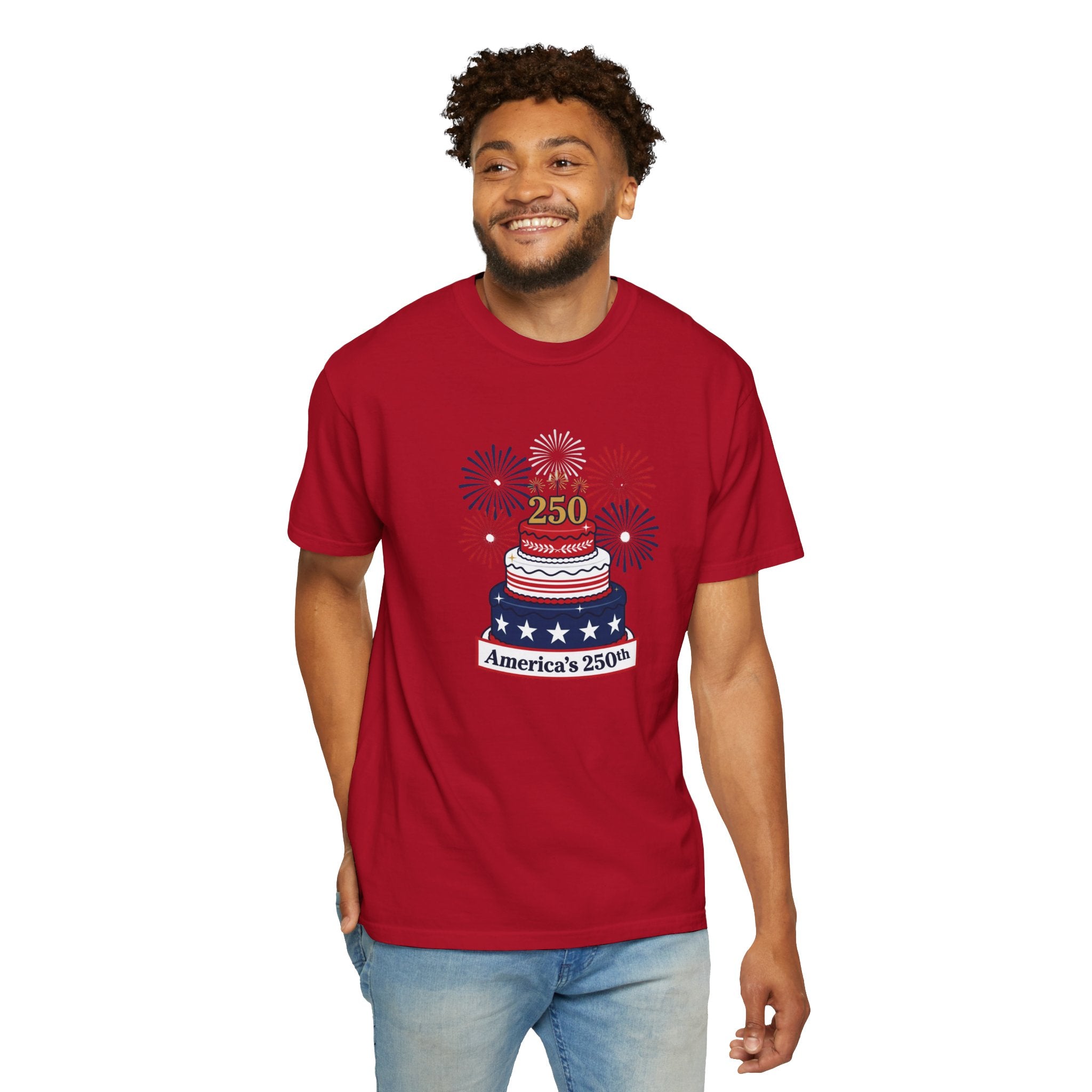 America's 250th Celebration T-Shirt — Patriotic USA Birthday Cake & Fireworks Tee