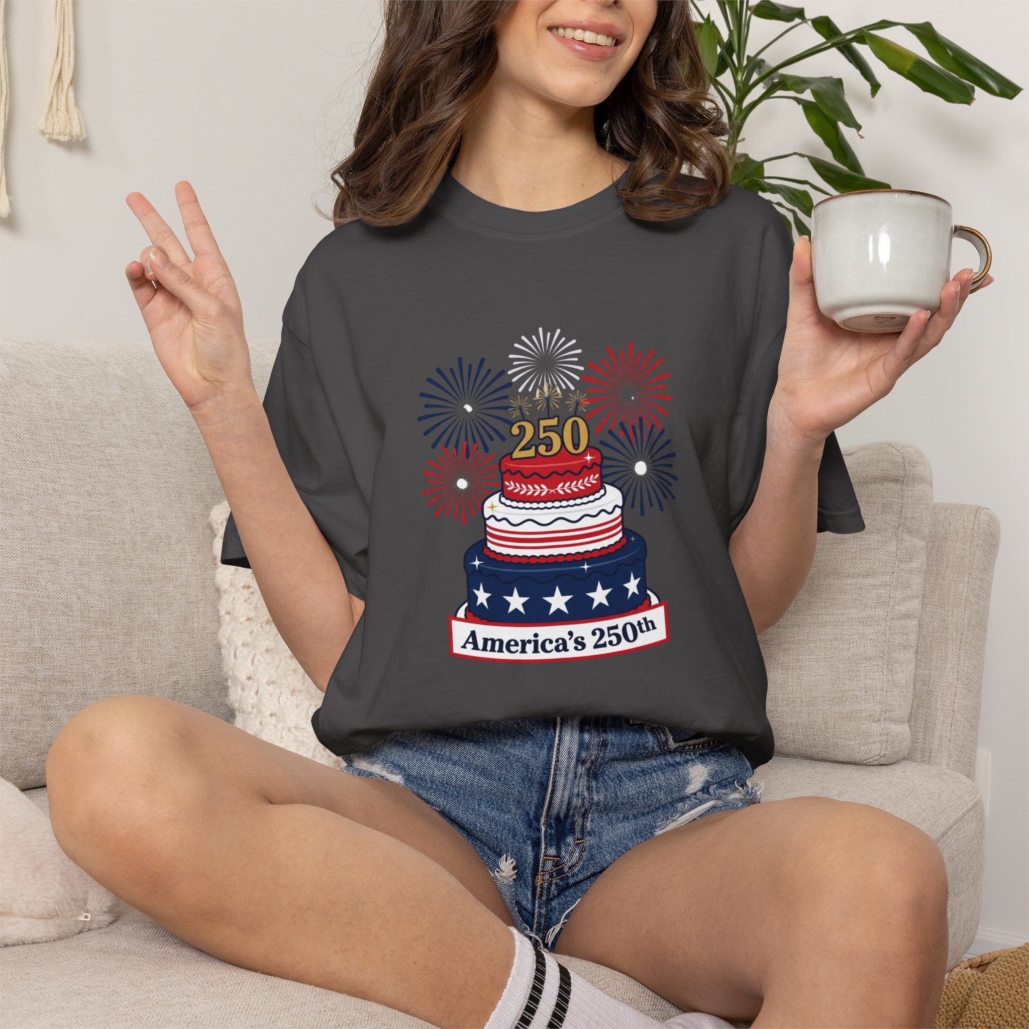 America's 250th Celebration T-Shirt — Patriotic USA Birthday Cake & Fireworks Tee