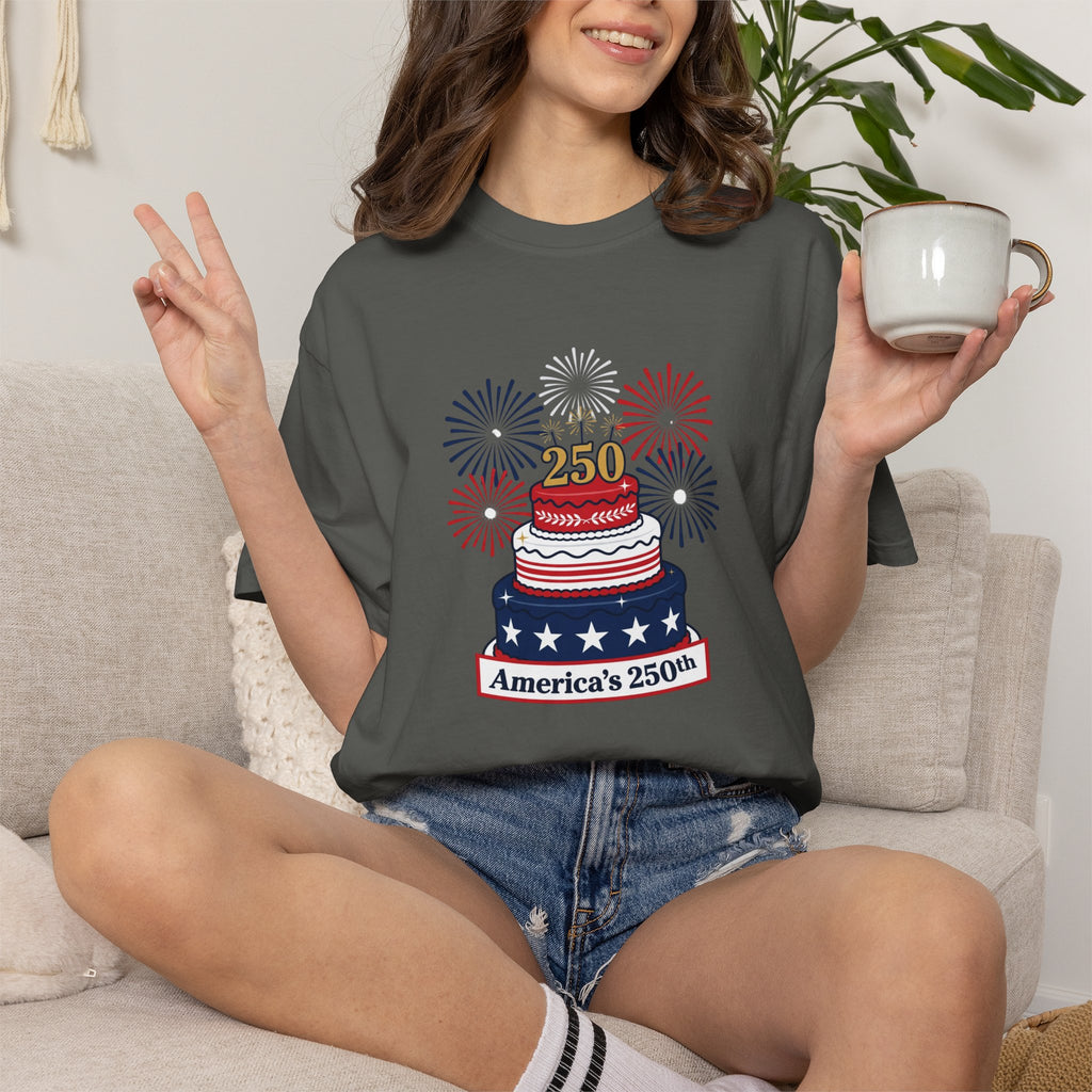 America's 250th Celebration T-Shirt — Patriotic USA Birthday Cake & Fireworks Tee