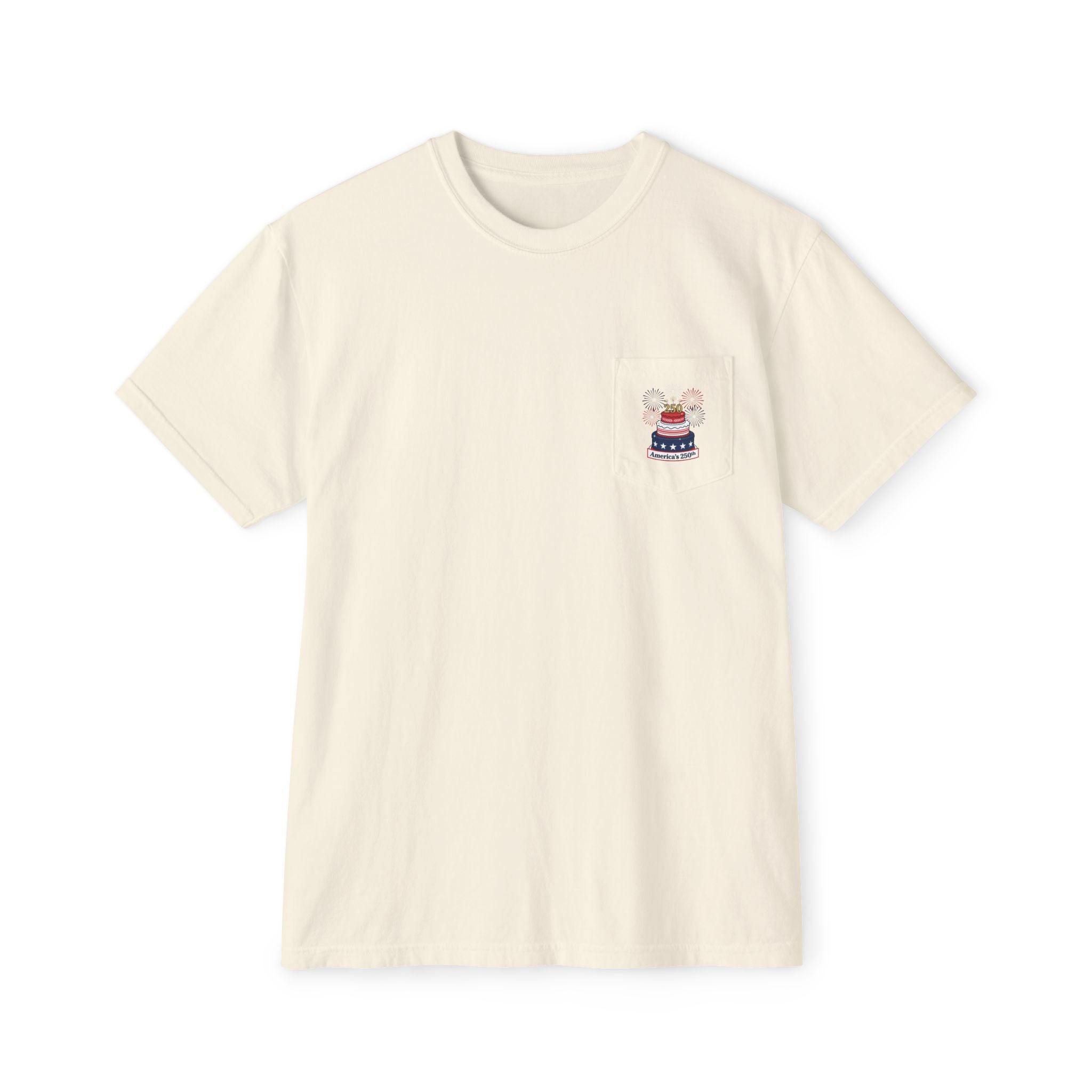 America's 250th Birthday Cake Pocket T-Shirt | 250th Anniversary Patriotic Fireworks Design