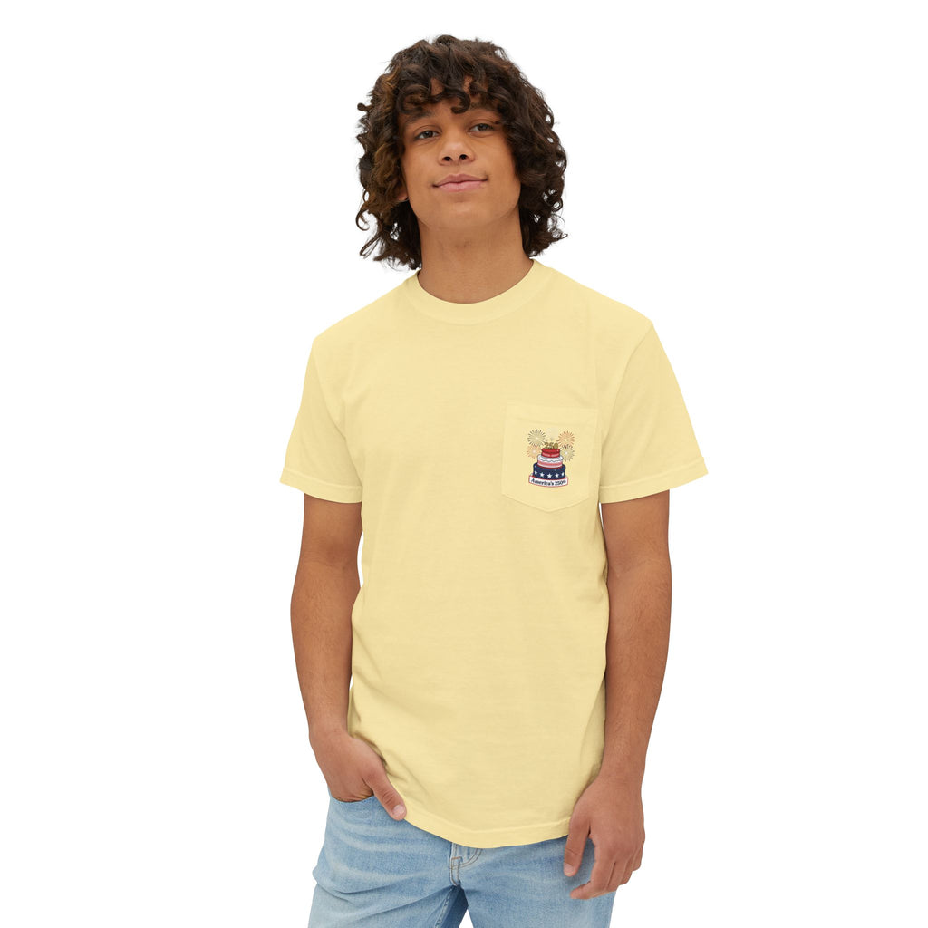 America's 250th Birthday Cake Pocket T-Shirt | 250th Anniversary Patriotic Fireworks Design