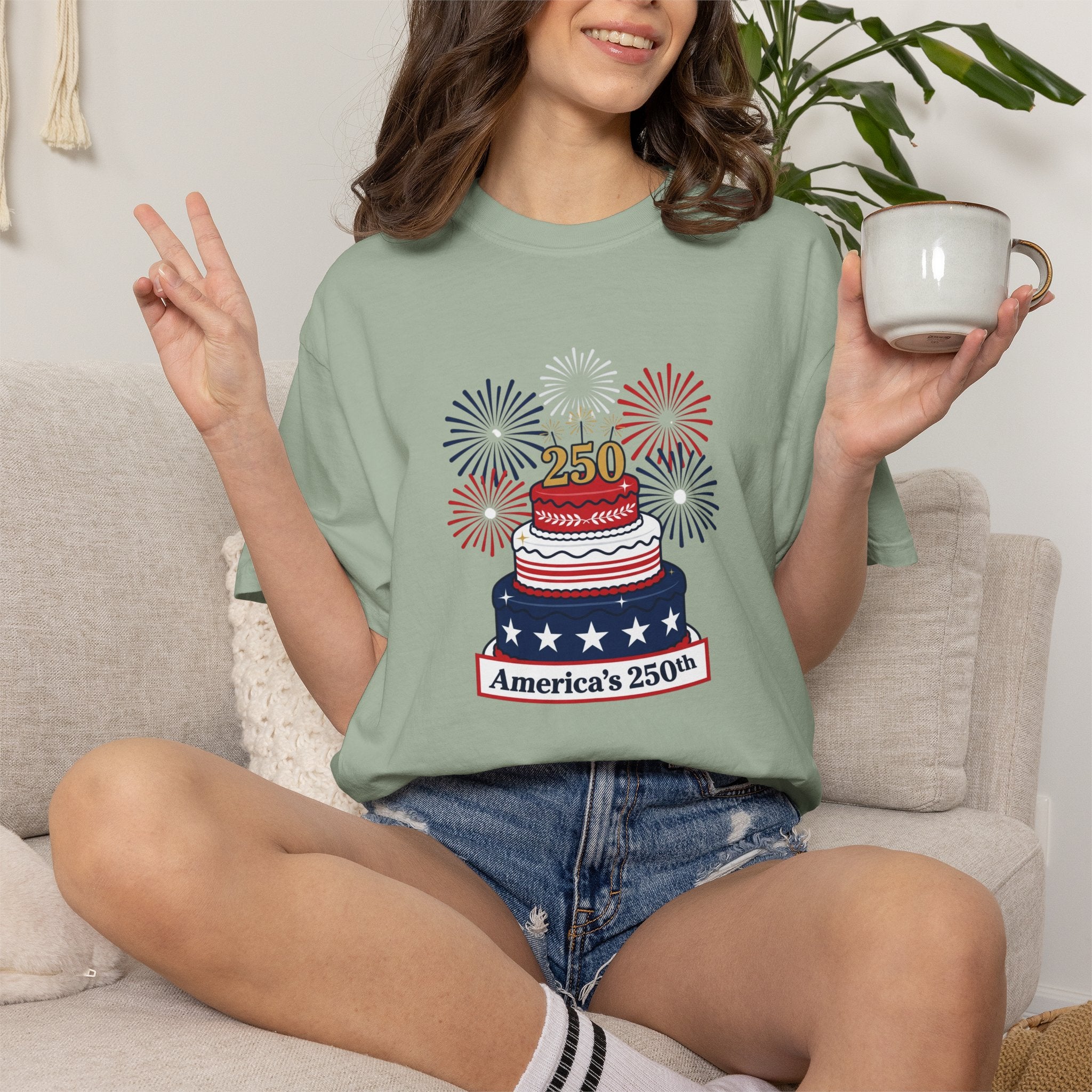 America's 250th Celebration T-Shirt — Patriotic USA Birthday Cake & Fireworks Tee