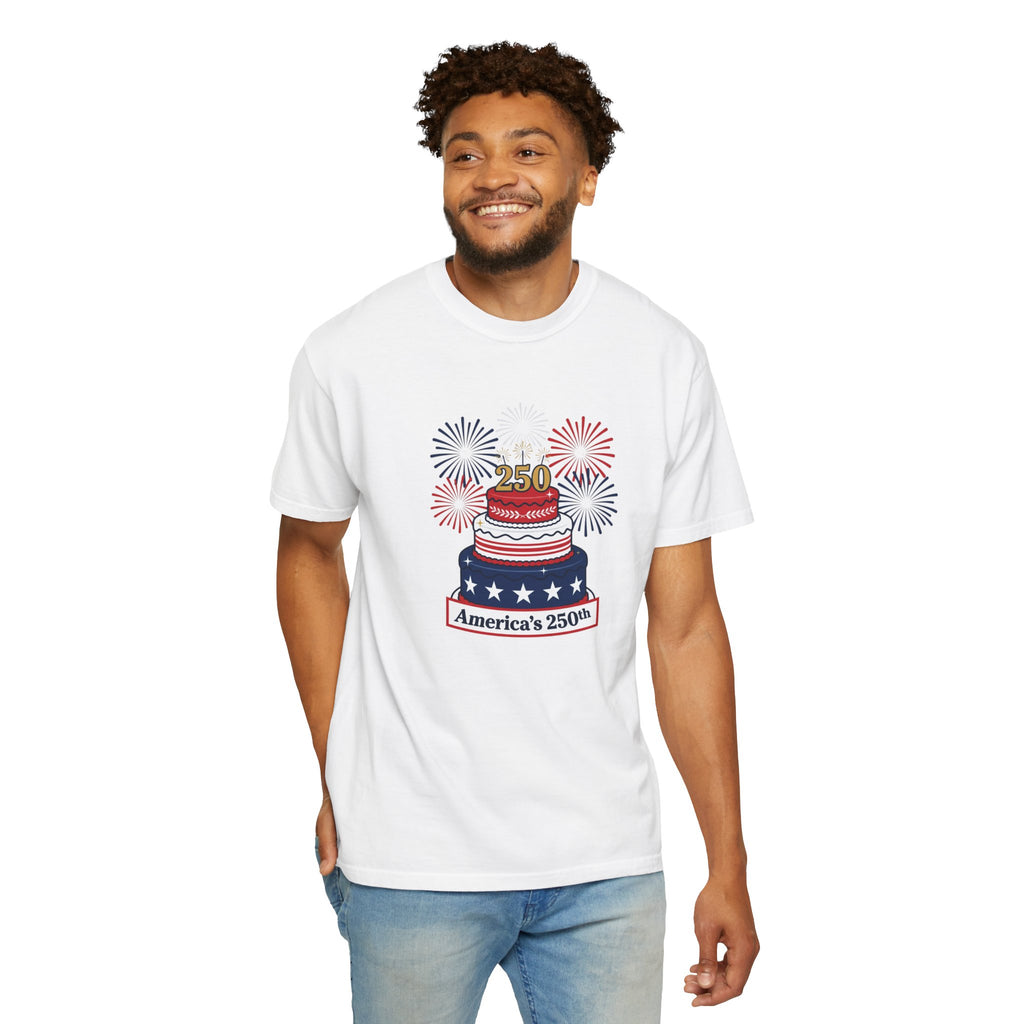 America's 250th Celebration T-Shirt — Patriotic USA Birthday Cake & Fireworks Tee